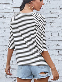 Black and White Striped Round Neck Raglan Short Sleeve T-Shirt Women's Fashion