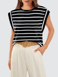 Striped Round Neck Cap Sleeve T-Shirt Women's Short Sleeve Top With Stripes KESLEY
