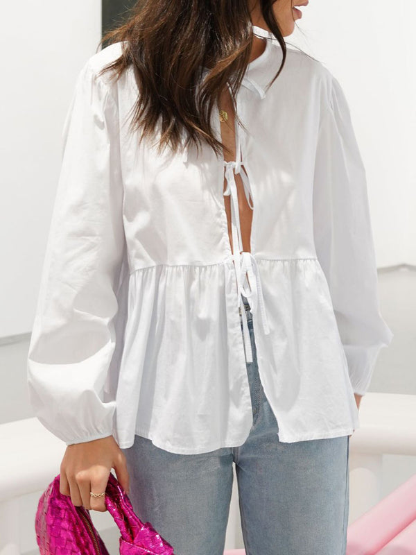Tied Round Neck Long Sleeve Blouse