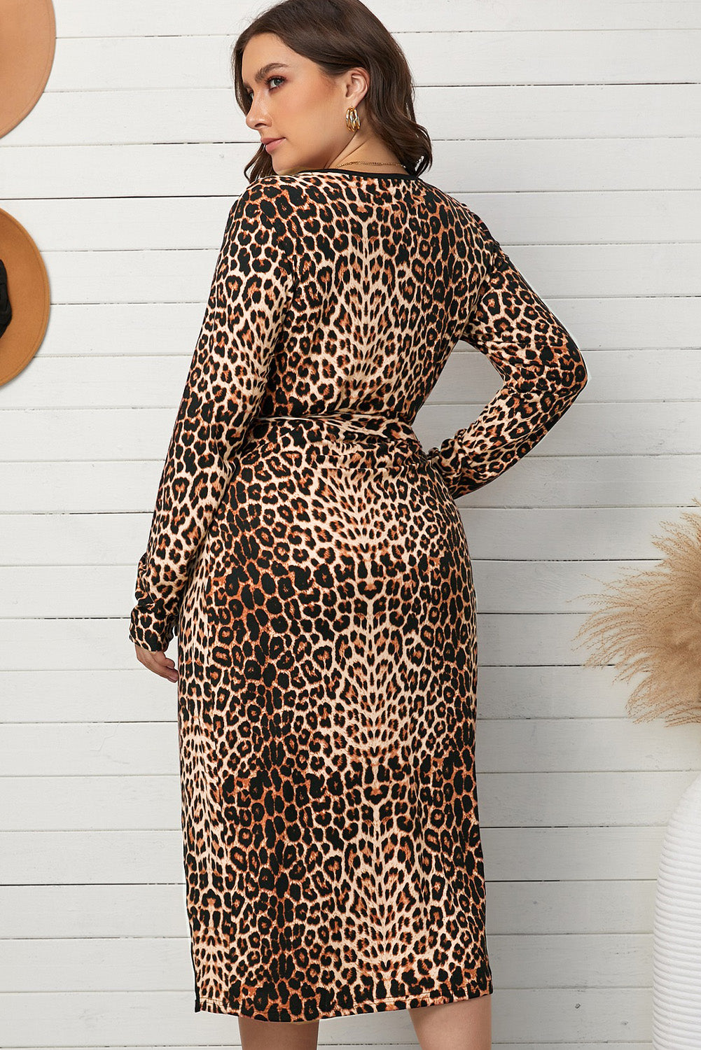 Plus Size Leopard Print Waist Tied Belted Surplice Wrap Dress