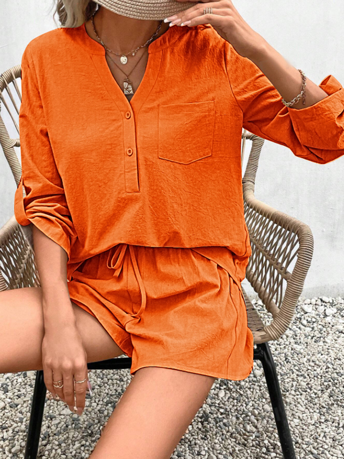 Outfit Set Women's Fashion 100% Cotton Notched Long Sleeve Top and Shorts Set