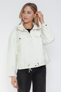 kesley How Dare U Drawstring Hem PU Leather Zip Up Jacket