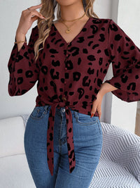 Animal Print Long Sleeve Shirt Women's Casual Tied Button Up Leopard V-Neck Blouse