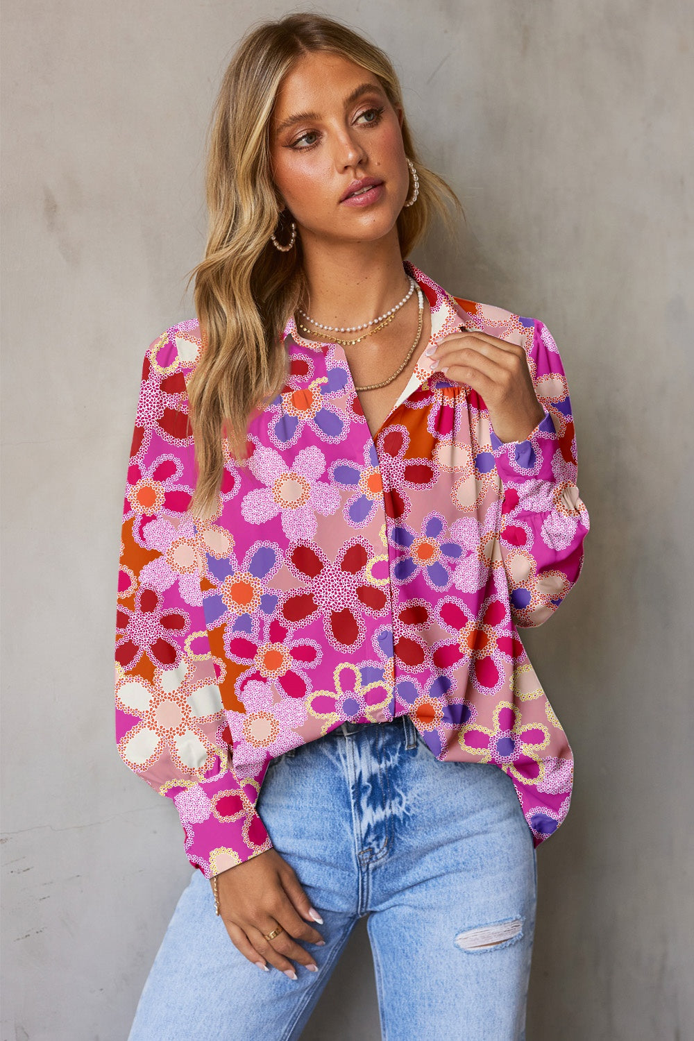 Floral Print Blouse Collared Neck Long Sleeve Shirt