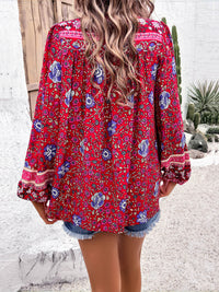 Boho Casual Loose Fit Shirt Printed Tie Neck Long Sleeve Blouse