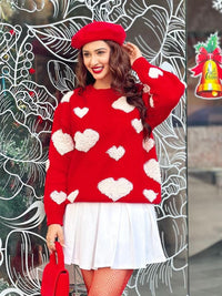 Red Heart Print Fashion Sweater Women's Warm and Cozy Round Neck Dropped Shoulder Sweater