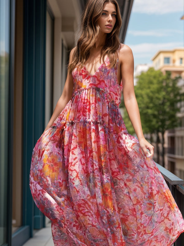 Floral Short Sleeve Midi Dress Tiered Printed V-Neck Sleeveless Dress
