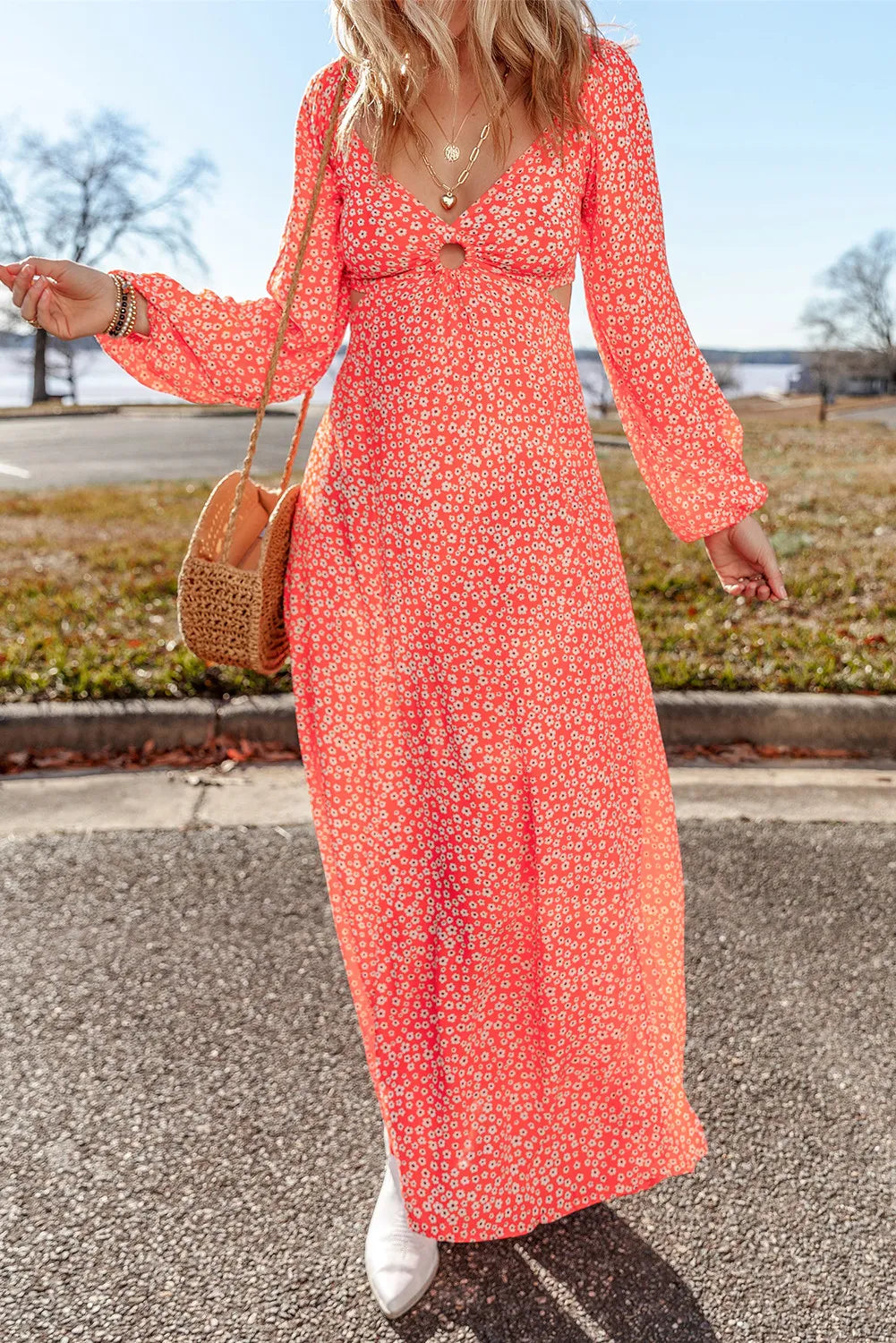 Casual Day Dress Printed V-Neck Long Sleeve Midi Dress