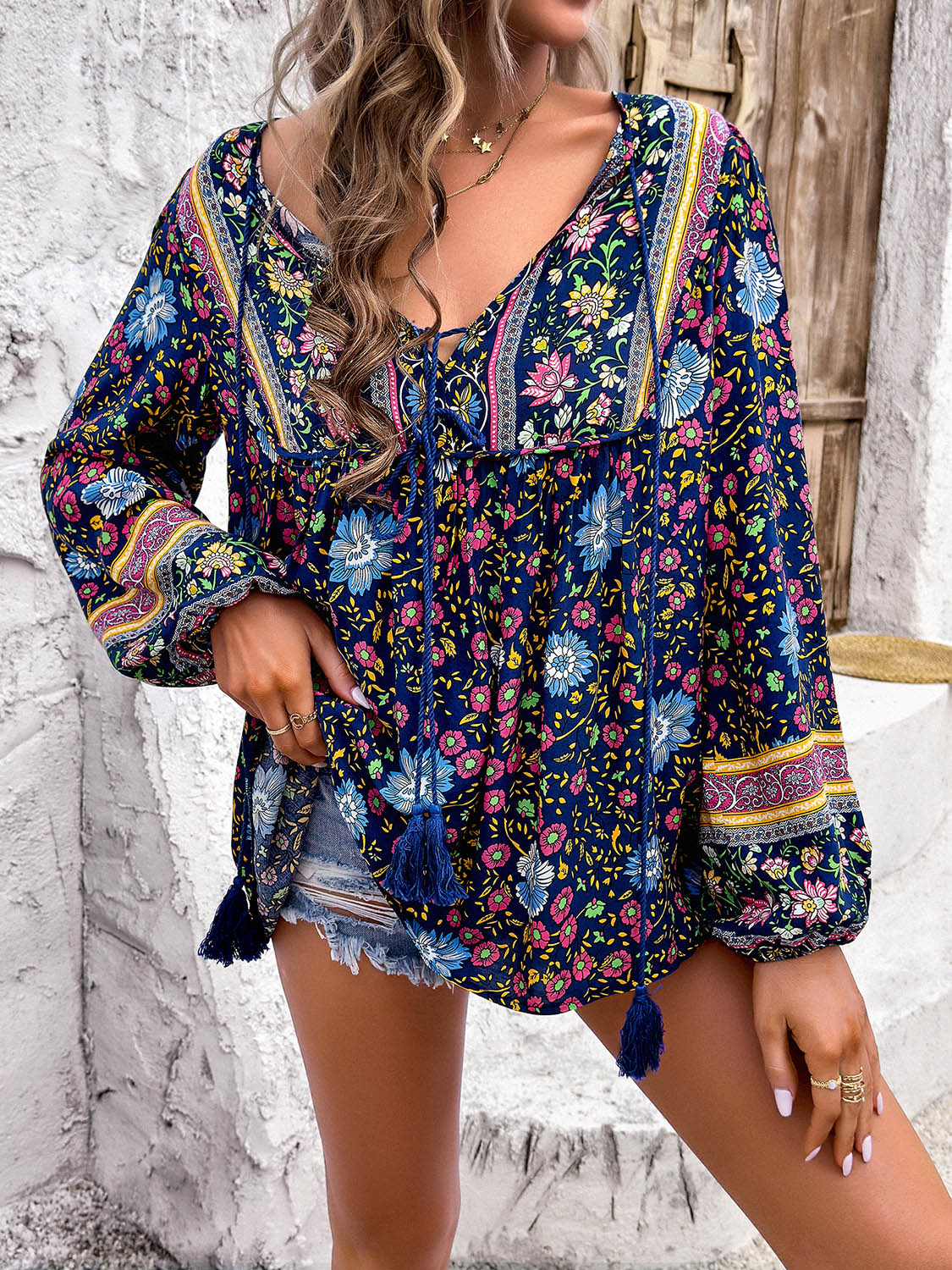 Boho Casual Loose Fit Shirt Printed Tie Neck Long Sleeve Blouse