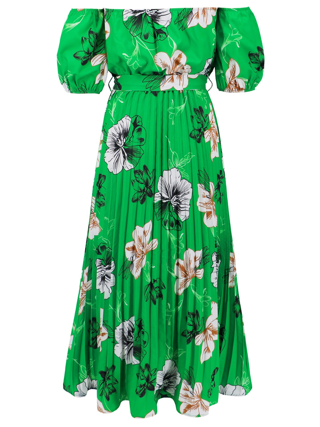 Pleated Floral Off-Shoulder Short Sleeve Midi Dress