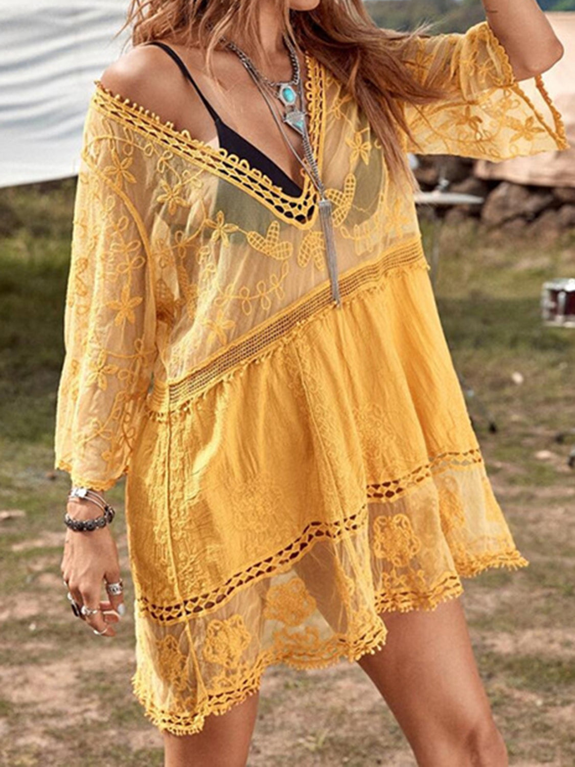 Boho Swimsuit Cover-Up Dress Lace Detail Plunge Bikini Coverups