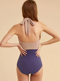 Contrast Halter Neck One-Piece  Swimsuit Color block Women's One piece bathing suit