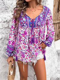 Boho Casual Loose Fit Shirt Printed Tie Neck Long Sleeve Blouse