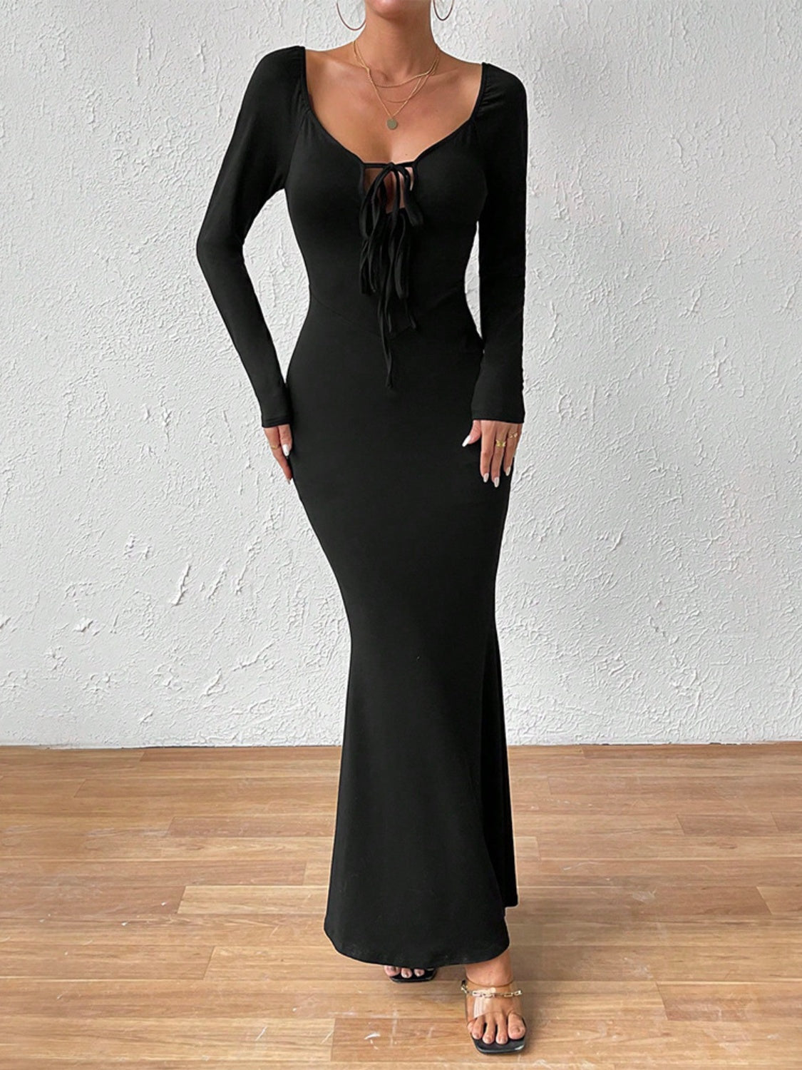 Backless Tied Long Sleeve Maxi Dress