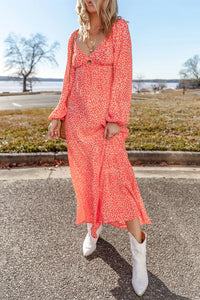 Casual Day Dress Printed V-Neck Long Sleeve Midi Dress