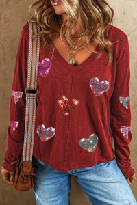 Sequin Heart V-Neck Long Sleeve T-Shirt Women's Casual Blouse
