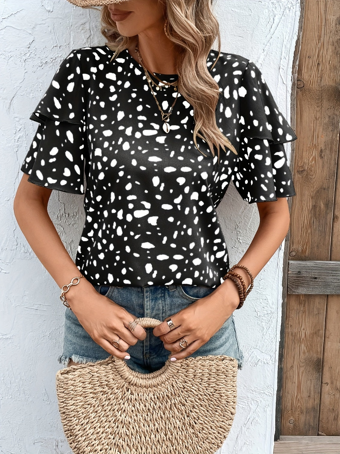 Printed Round Neck Short Sleeve Blouse Women's Top