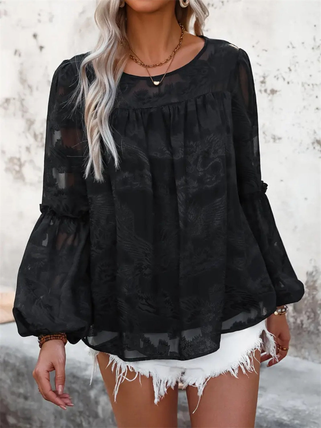 Round Neck Balloon Sleeve Blouse Lace Long Sleeve Women's Shirt