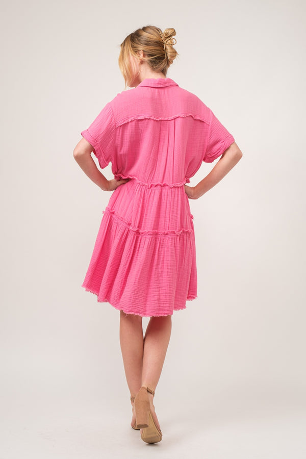 Pink Casual Dress Petite and Plus Size Women's Fashion Tiered Shirt Dress 100% Cotton KESLEY