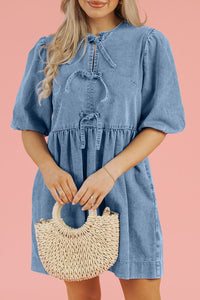 Bowknot Round Neck Half Sleeve Denim Dress