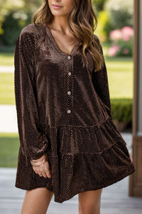 Casual Brown Women's Fashion Textured V-Neck Long Sleeve Mini Dress