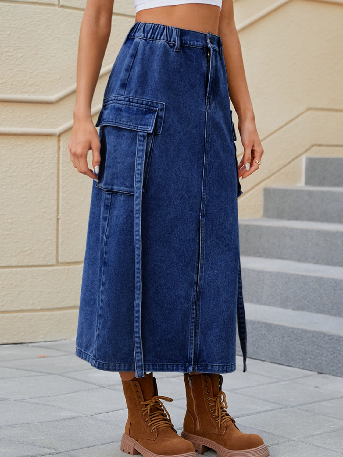 Denim Skirt With Pockets Feminine Slit Pocketed High Waist Jean Skirt KESLEY