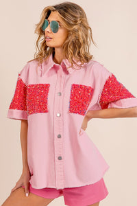 KESLEY Sequin Detail Raw Hem Short Sleeve Shirt