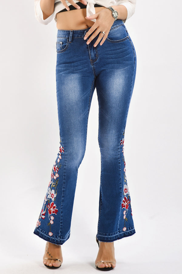 Flower Embroidery Wide Leg Jeans Plus Size and Petite Blue Jeans