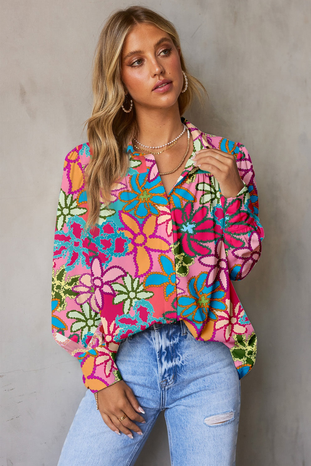 Floral Print Blouse Collared Neck Long Sleeve Shirt