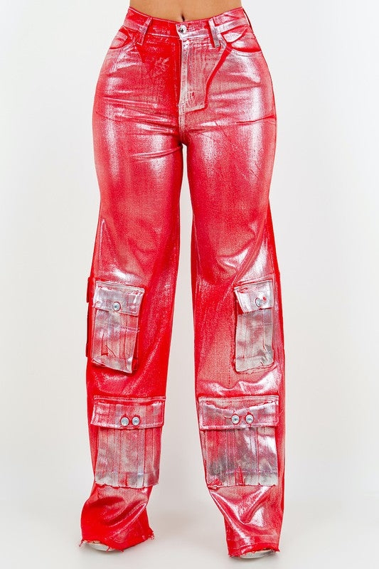 Cargo Wide Leg Jean in Foil Red