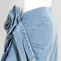 Designer Denim Skirt 100% Cotton Premium Luxury Flower Trim Ruched Denim Short Mini Skirt