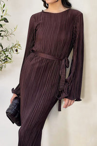 Textured Tied Round Neck Long Sleeve Dress