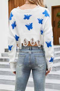 Butterfly Distressed Dropped Shoulder Sweater