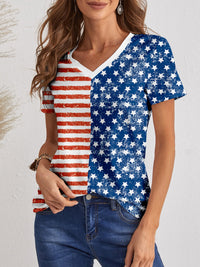 Patriotic American Flag Blouse Printed V-Neck Short Sleeve T-Shirt