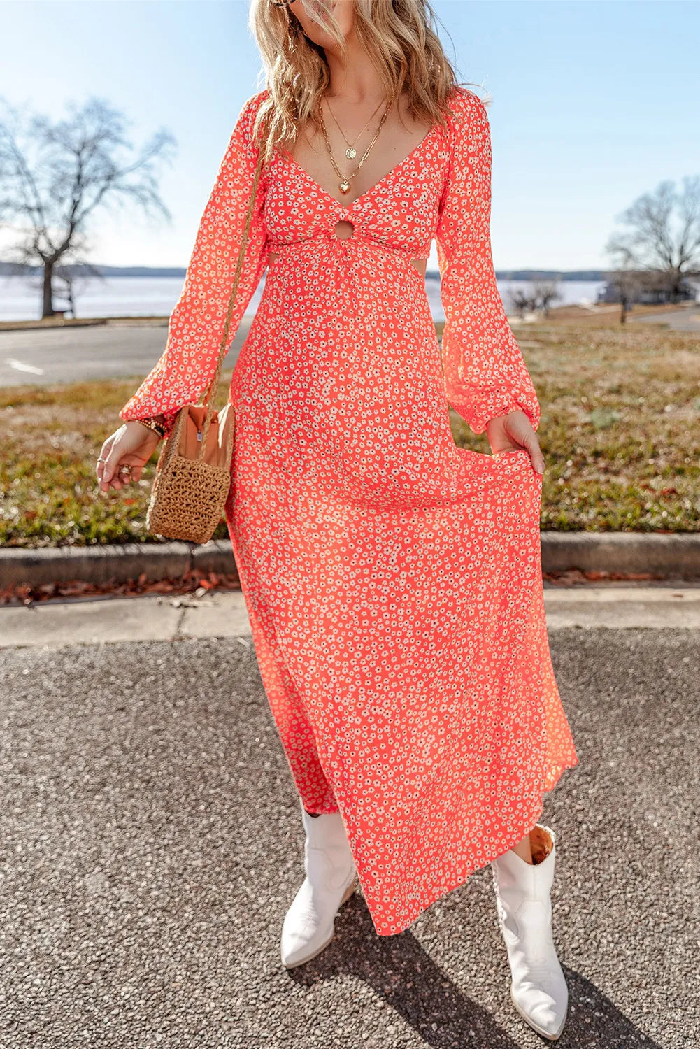 Casual Day Dress Printed V-Neck Long Sleeve Midi Dress