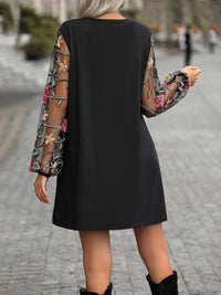 Black V-Neck Embroidered Sheer Long Sleeve Mini Dress Women's Boho Fashion Casual-wear
