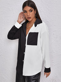 Black and White Button Down Long Sleeve Shirt Contrast Dropped Shoulder Blouse