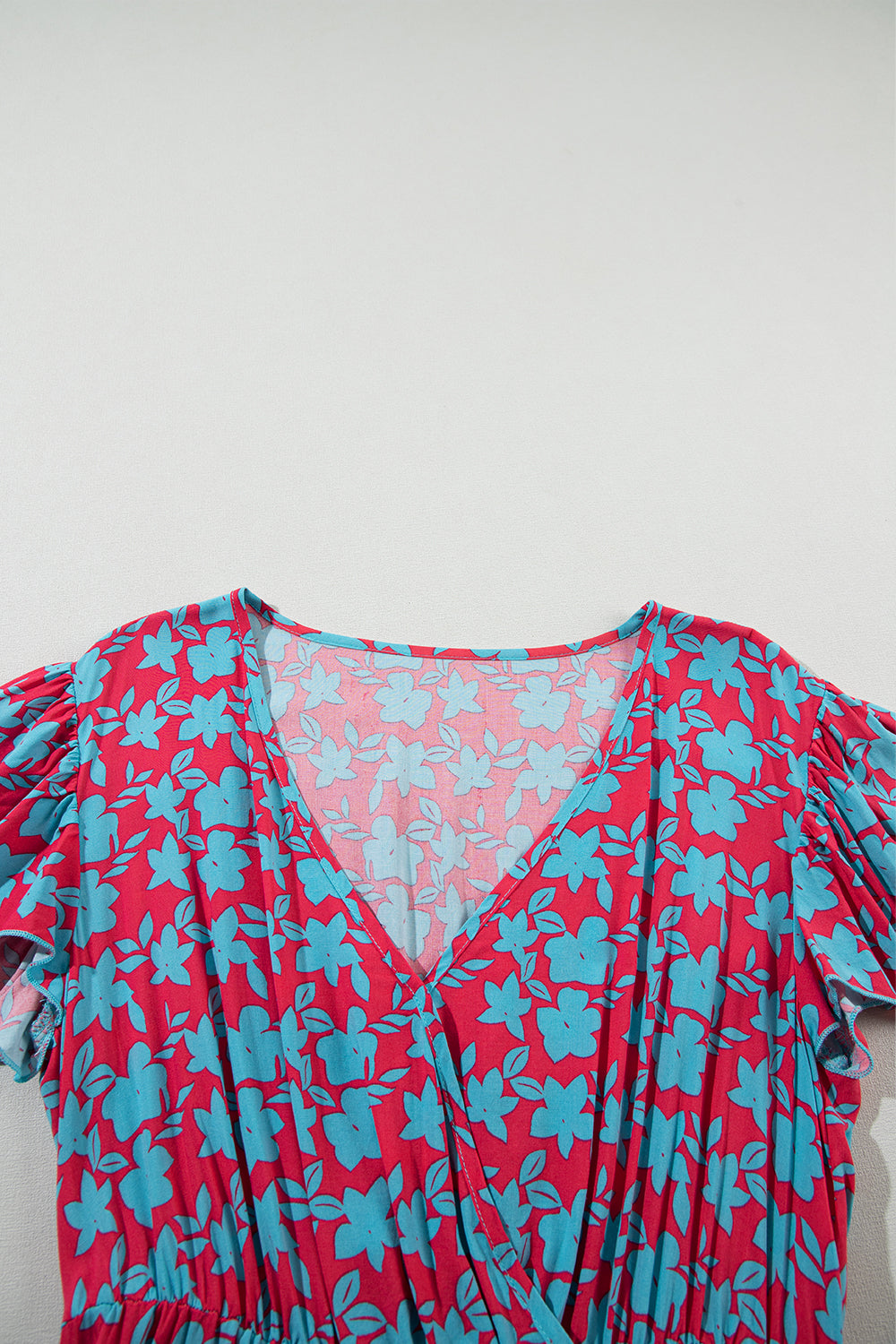 Red V Neck Flutter Sleeve Floral Print Ruffled Maxi Dress
