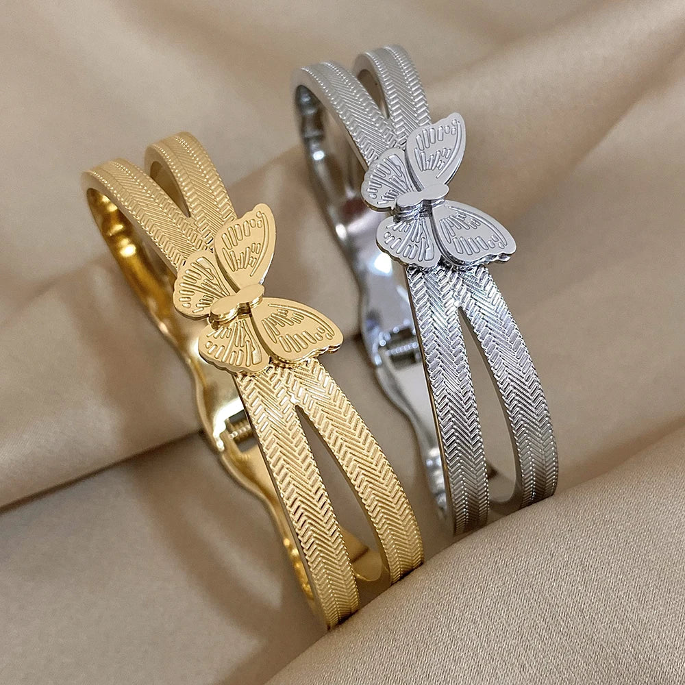 Trendy Butterfly Stainless Steel Charm Bracelet Cuff Hard Bracelets