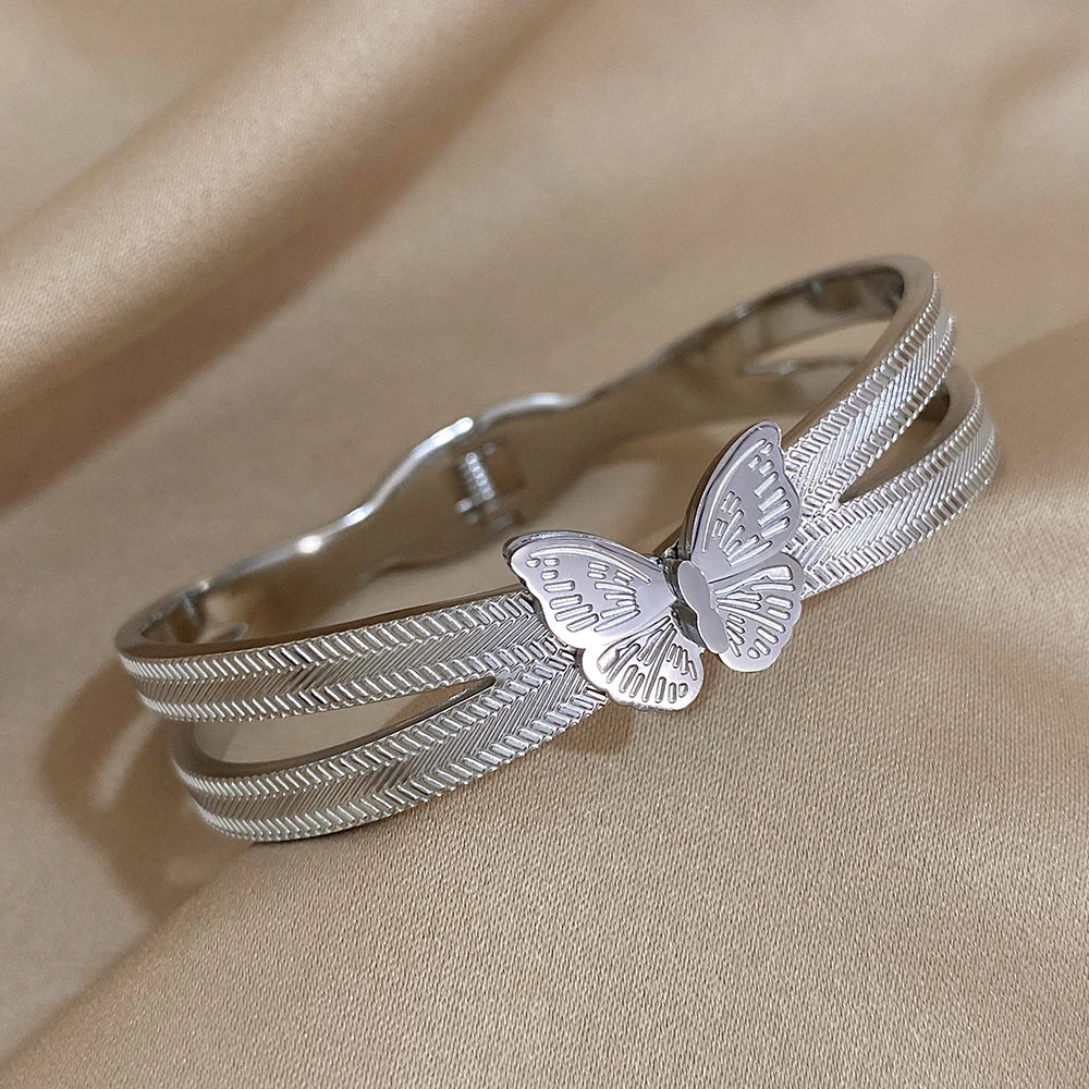 Trendy Butterfly Stainless Steel Charm Bracelet Cuff Hard Bracelets