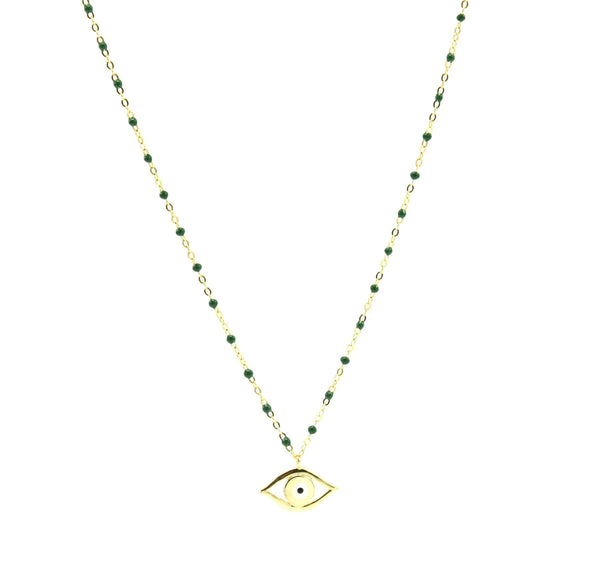 evil eye necklace gold green beads enamel charm waterproof hypoallergenic emerald green necklace short chokers unique men and woman gift idea shopping in Brickell, Miami unique jewelry store Kesley Boutique 
