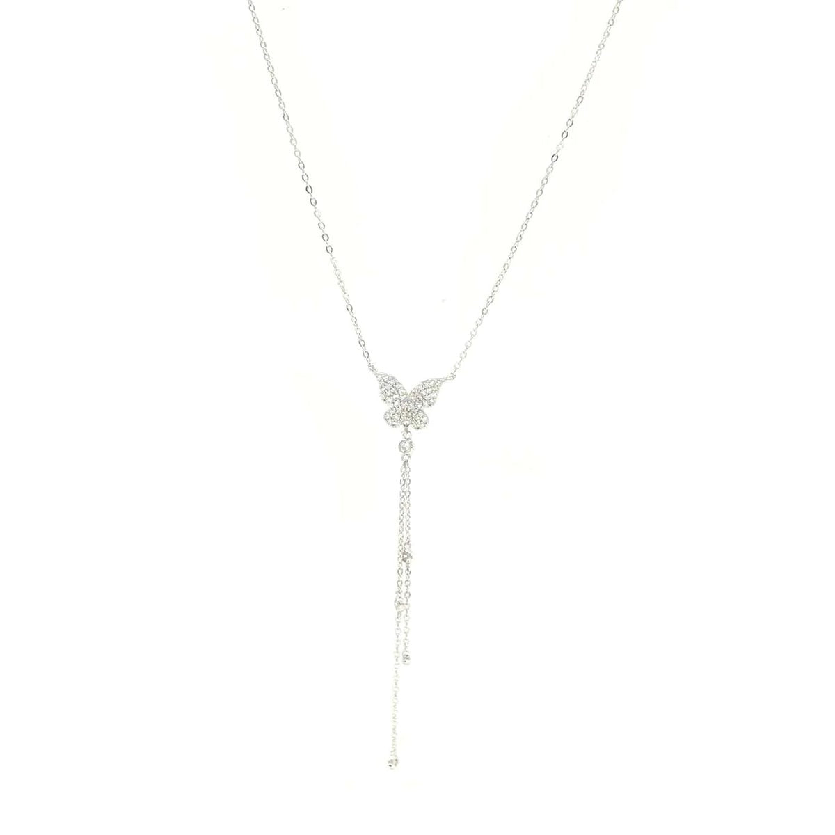 Butterfly lariat y necklace with pave diamond cz .295 sterling silver waterproof will not tarnish or turn green popular trending necklaces for low neck shirts and dresses Miami shopping, influencer style Kesley Boutique