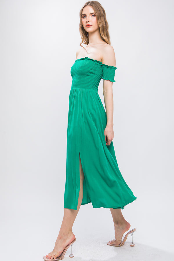 Green Flowy Off The Shoulder Dress