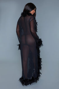 Black Robe with Feathers Sexy Lingerie Lounge Dress Sheer Full-length Robe With Chandelle Boa Feather Trim