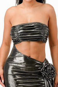 Sexy Silver Metallic Strapless Waist Cutout Party Mini Dress