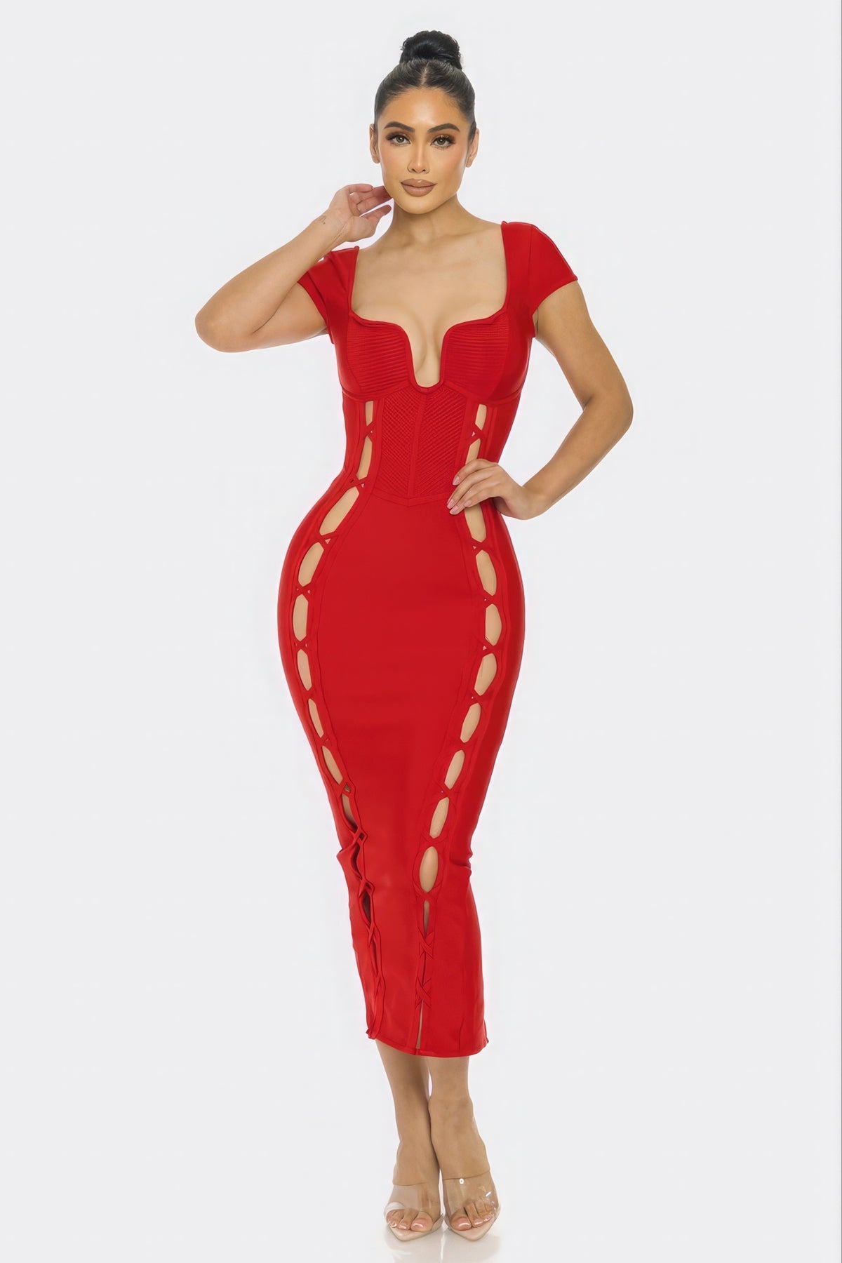 Red Bandage Side Cutouts short sleeve Tight Fit Midi Long Dress