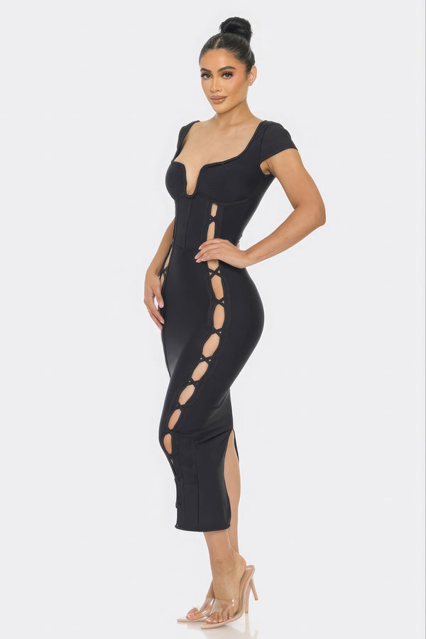 Black Bandage Side Cutouts Short Sleeve Tight Long Dress  Dress KESLEY