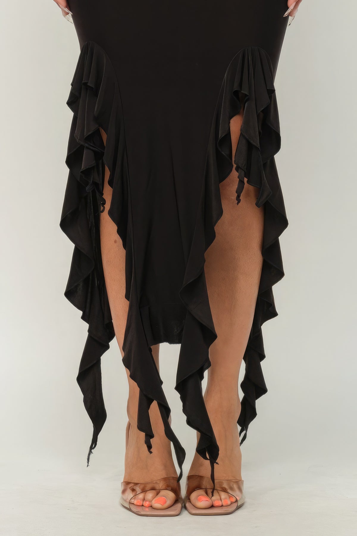 Black Strapless Ruffle Trim Hem Slit Tube Maxi Dress