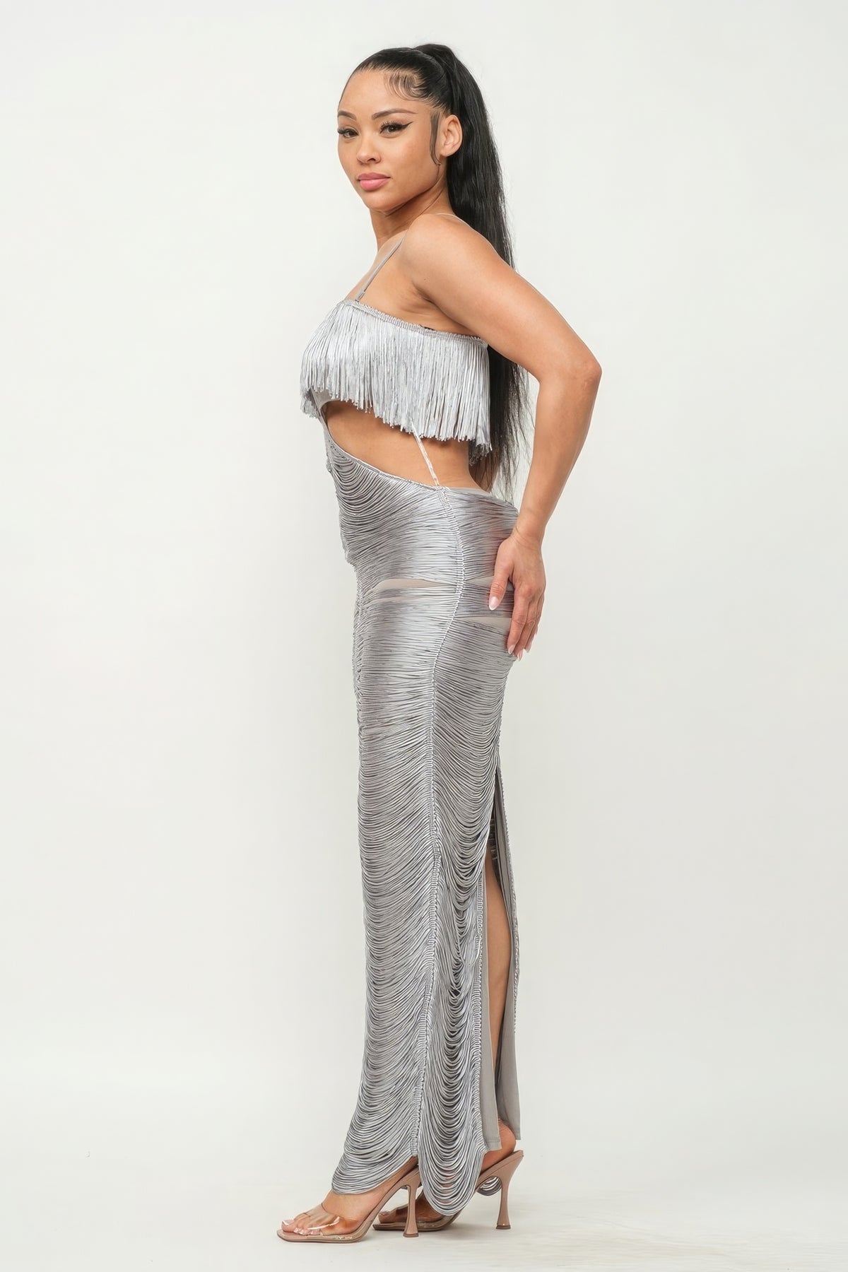 Sexy Waist Cutout Silver Metallic Fringe Maxi Dress Women's Fashion KESLEY