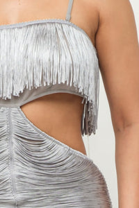 Sexy Waist Cutout Silver Metallic Fringe Maxi Dress Women's Fashion KESLEY